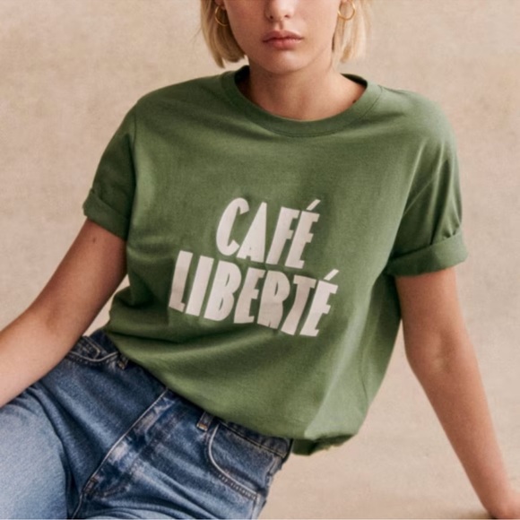 Sezane Cafe Liberte Sage Green Top Size Medium 100% Organic Cotton Boho Chic - Picture 2 of 16